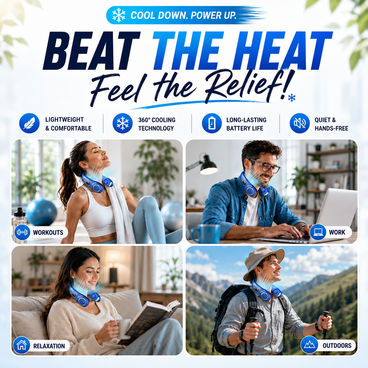Portable LED Neck Fan - Rechargeable 5-Speed Hands-Free Cooling Fan