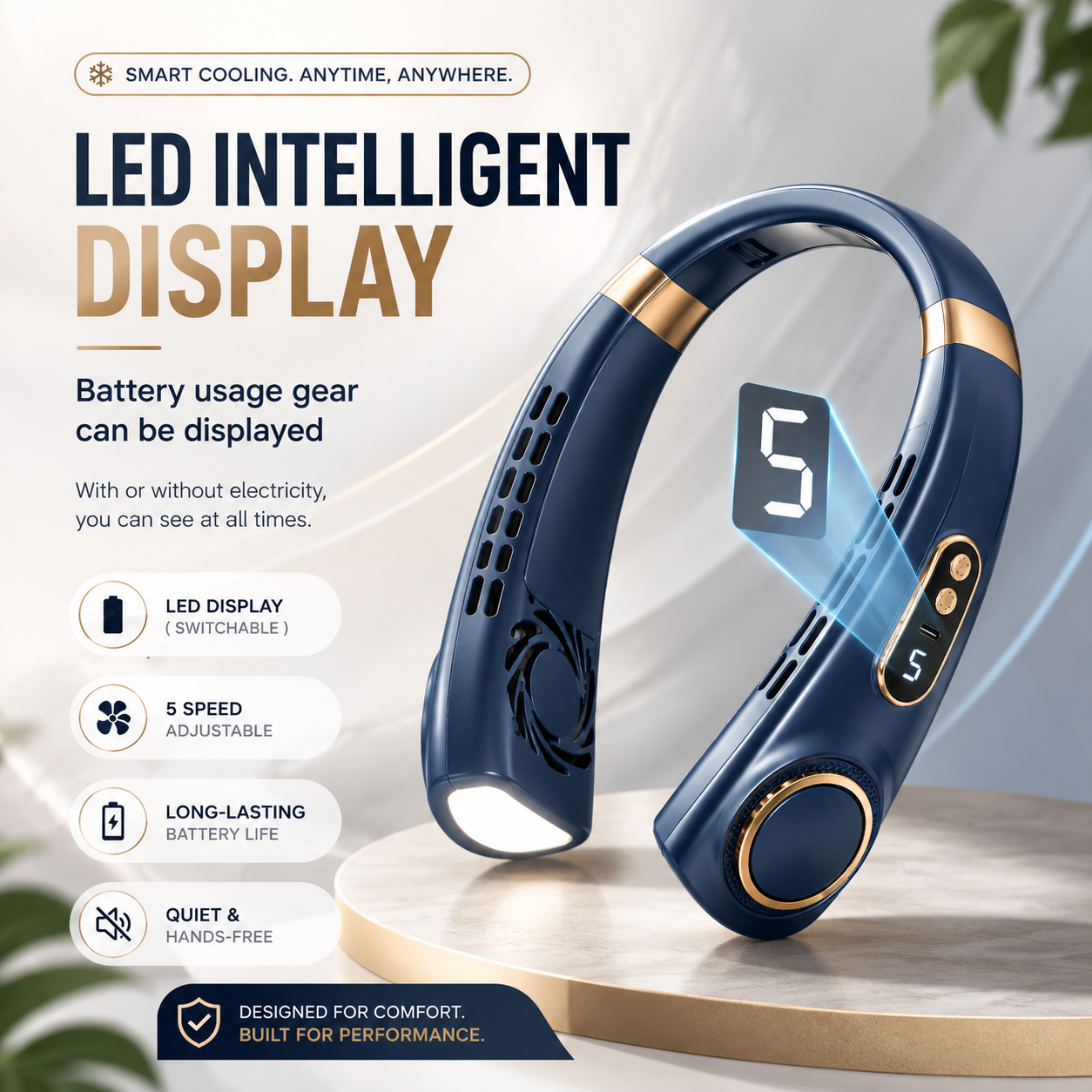 Portable LED Neck Fan - Rechargeable 5-Speed Hands-Free Cooling Fan
